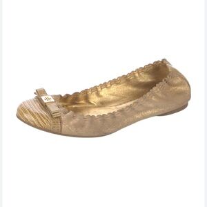 Tory Burch Womens Romy Embossed Cap-Toe Bow Ballet Flats Gold Metallic Suede 6.5